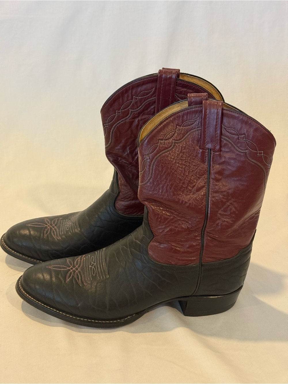 Vintage Tony Lama Two-Tone Black Foot Burgundy Shaft Cowboy Boots